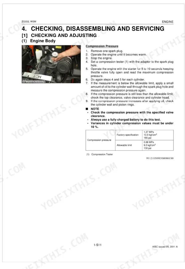 Kubota ZG332 engine compression pressure testing procedure, steps, and specification table for service manual.