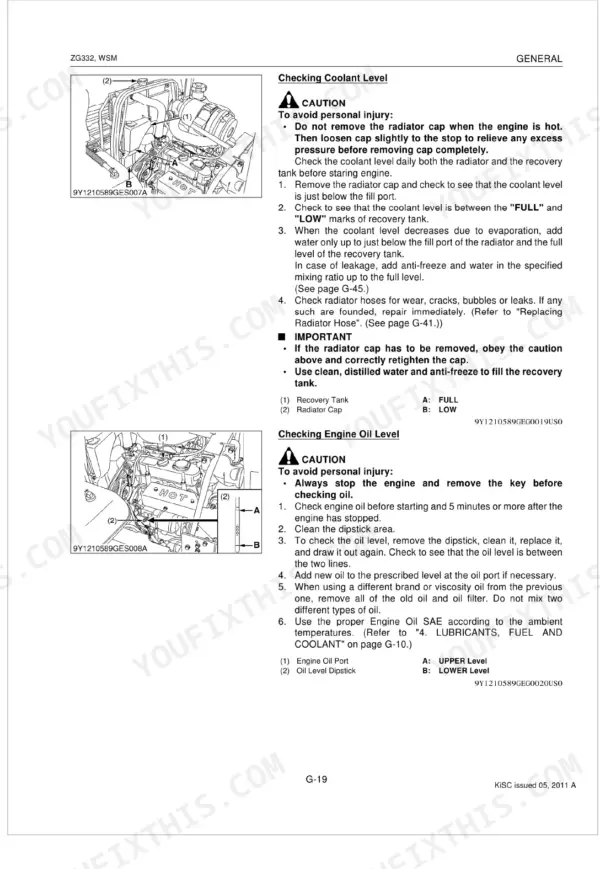 Kubota ZG332 service manual page showing procedures for checking engine coolant level and engine oil level with dipstick.