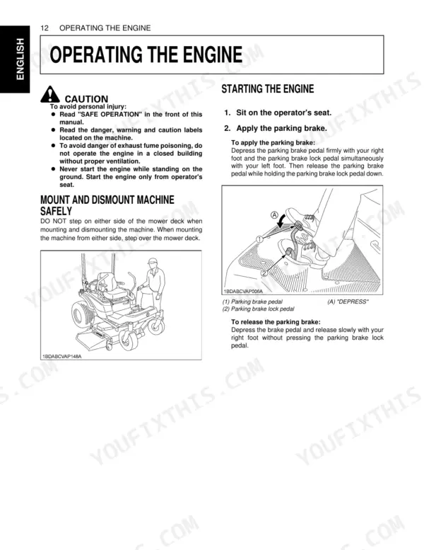 Kubota ZG332P, ZG332LP manual page showing engine starting, safe mounting procedures, and parking brake operation.