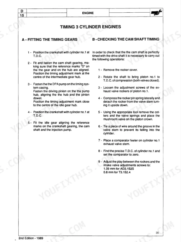 Landini 5860-9880 engine manual: procedures for fitting 3-cylinder timing gears and checking camshaft timing.
