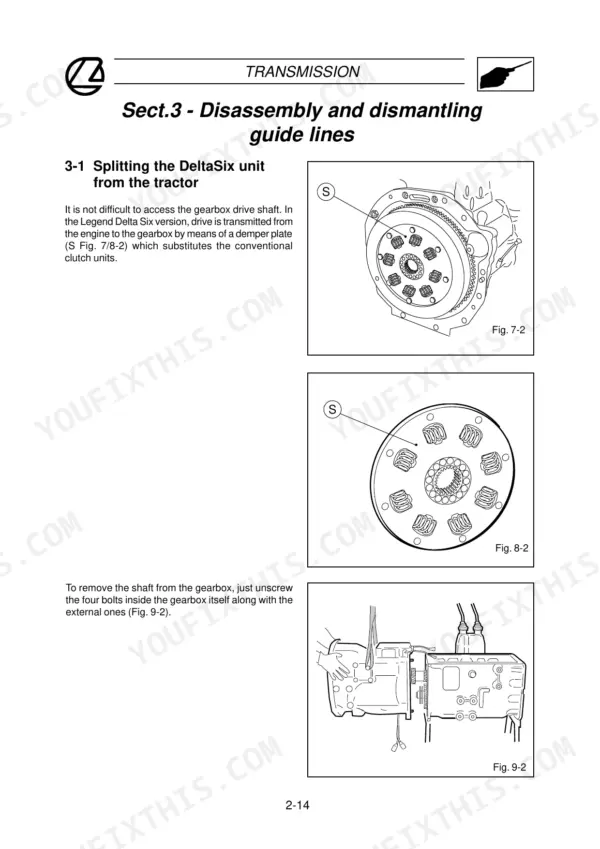 Landini Legend 105-165 transmission disassembly, splitting DeltaSix unit, damper plate diagrams, and gearbox removal steps.