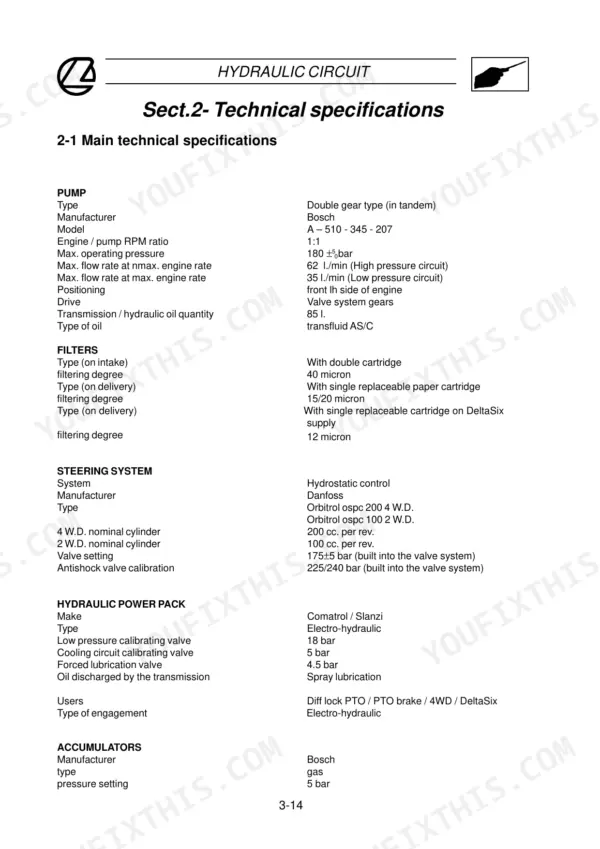 Landini Legend 105-165 hydraulic circuit technical specifications table for pump, filters, steering, and power pack.