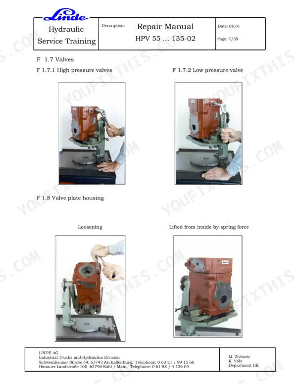 Linde HPV 55-02 to 135-02 repair manual: procedures for removing high/low pressure valves and valve plate housing.