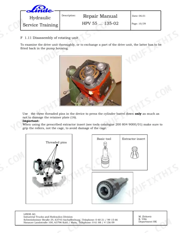 Linde HPV 55-02 to 135-02 repair manual: disassembly procedure for rotating unit, showing extractor tools and pump housing.