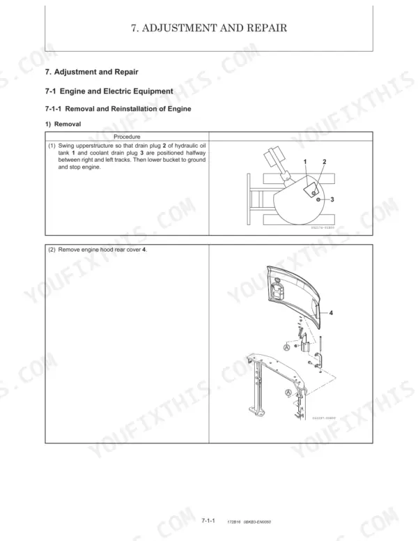 Manitou America Z25, 250Z engine removal procedure, showing drain plug locations and rear engine hood cover removal.