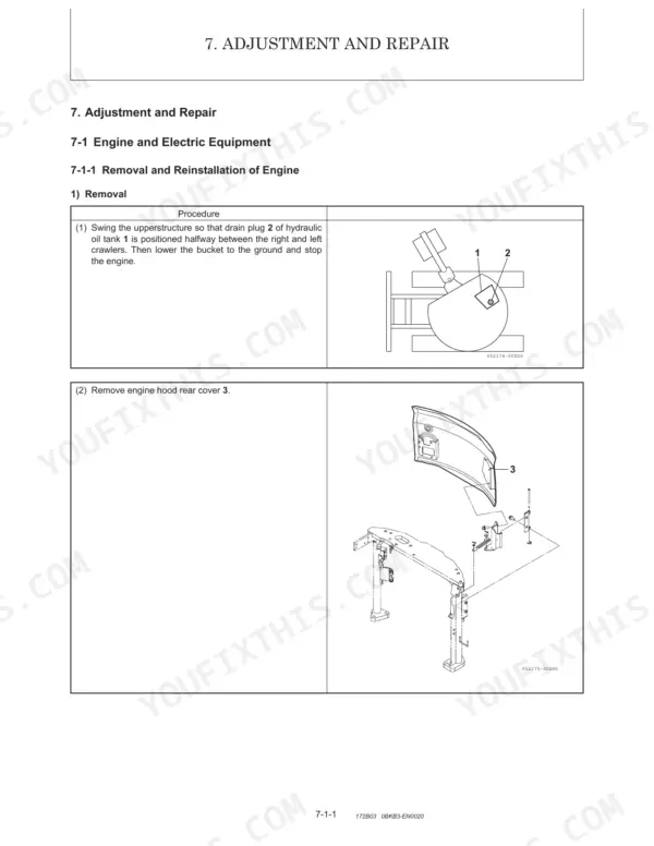 Manitou America Z35 GEN:2, 350Z NXT2 engine removal procedure, showing hydraulic drain plug and rear hood cover removal.