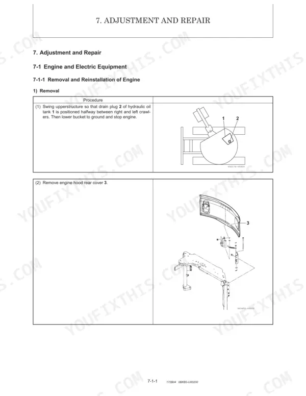 Manitou America Z55, 550Z engine removal procedure, showing hydraulic tank drain plug and rear hood cover removal steps.