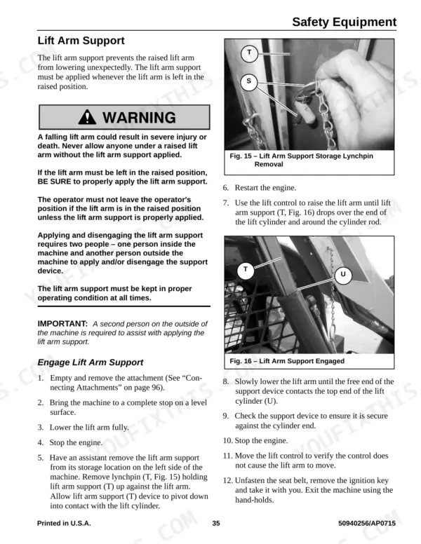 Manitou Americas Gehl R135/R150/R165 & Mustang 1350R/1500R/1650R lift arm support safety procedure