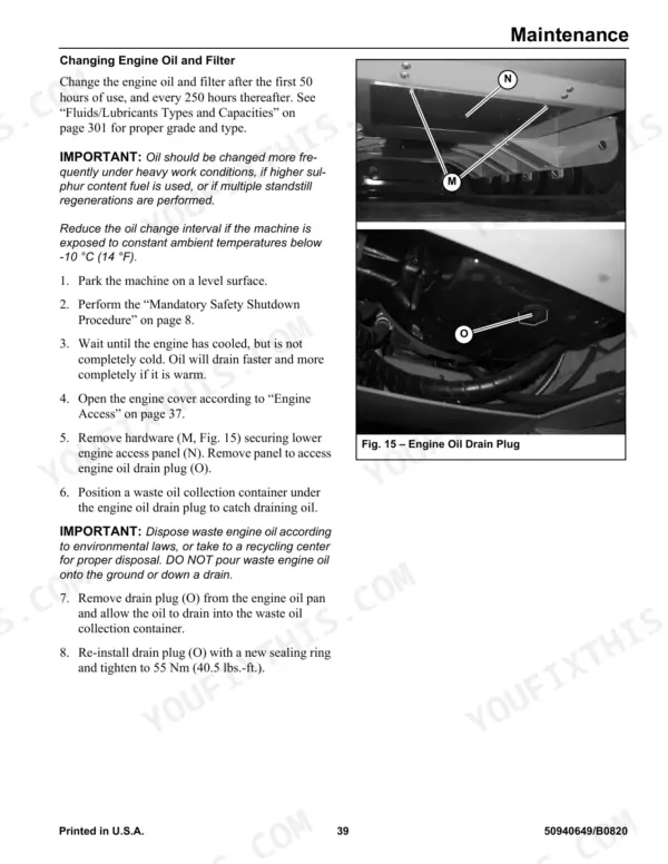 Manitou Group RT185, RT215, RT255, 1850RT, 2150RT, 2550RT maintenance procedure for changing engine oil and drain plug.