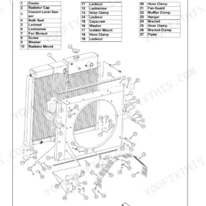 Manitou Group VT320, 3200VT cooling system exploded view showing radiator, hydraulic cooler, shrouds, and brackets.