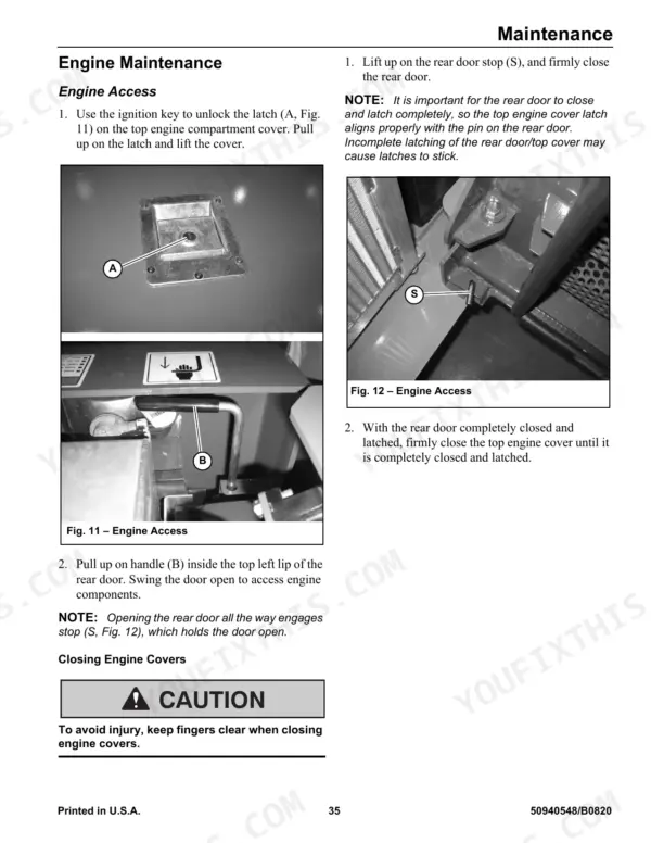 Manitou Group VT320, 3200VT engine maintenance procedure for opening and closing engine access covers and rear door.