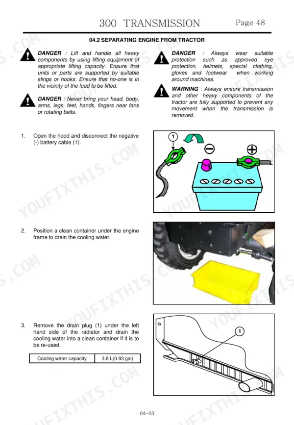 Maxxfarm 25/30 procedures for separating engine, disconnecting battery, and draining coolant.