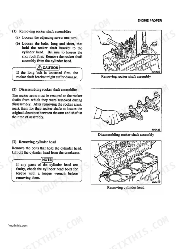 McCormick CT41, CT47: Procedures for removing and disassembling rocker shaft and cylinder head.