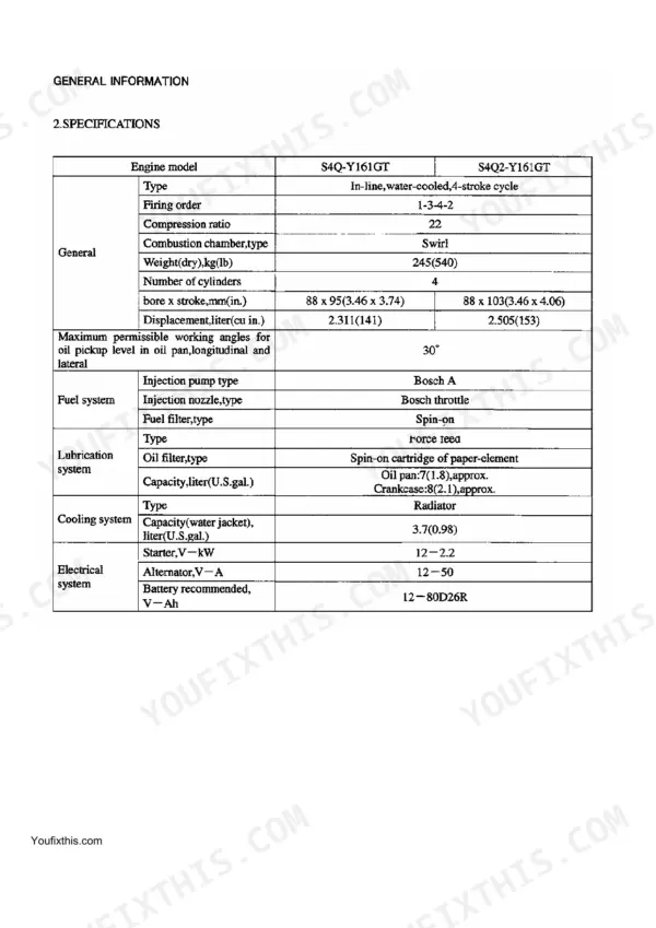 McCormick CT41, CT47 engine specifications table.