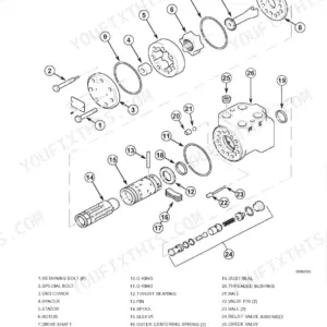 McCormick CX50-CX105 exploded view diagram of steering pump components, including spool, sleeve, rotor, and relief valve.