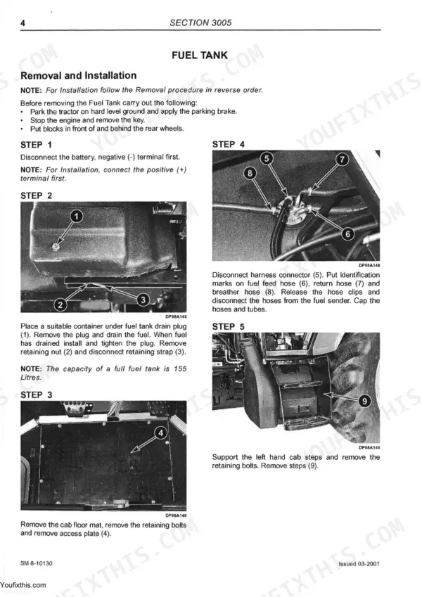 McCormick CX50-CX105 fuel tank removal and installation procedure steps with component diagrams and hose identification.