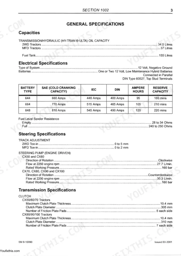 McCormick CX50-CX105 general specifications table for fluid capacities, electrical, steering, and clutch transmission data.