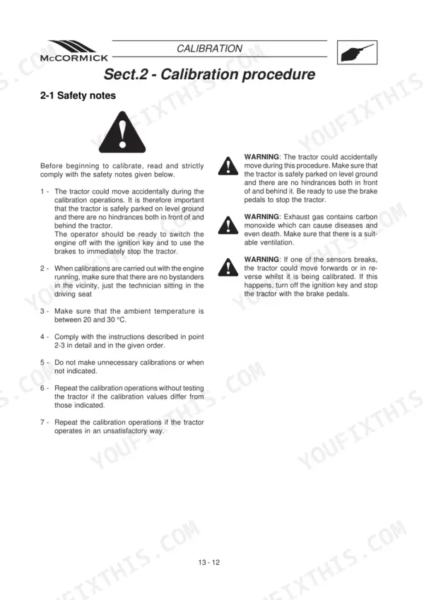 McCormick F 60-105 series tractor calibration procedure safety notes and warning labels for service operations.