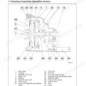 McCormick F 60-105 series Speedfive clutch assembly exploded view diagram with numbered component parts list.