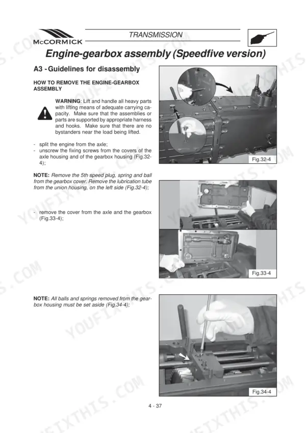 McCormick F 60-105 series engine-gearbox Speedfive assembly disassembly procedure, gearbox housing and cover removal steps.