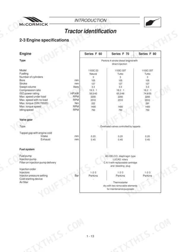 McCormick F 60, F 70, F 80 engine specifications table including bore, stroke, compression, and valve gear settings.
