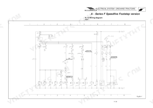 McCormick F 60-105 Series electrical system wiring diagram Part 1, showing fuses, relays, and indicator light circuits.