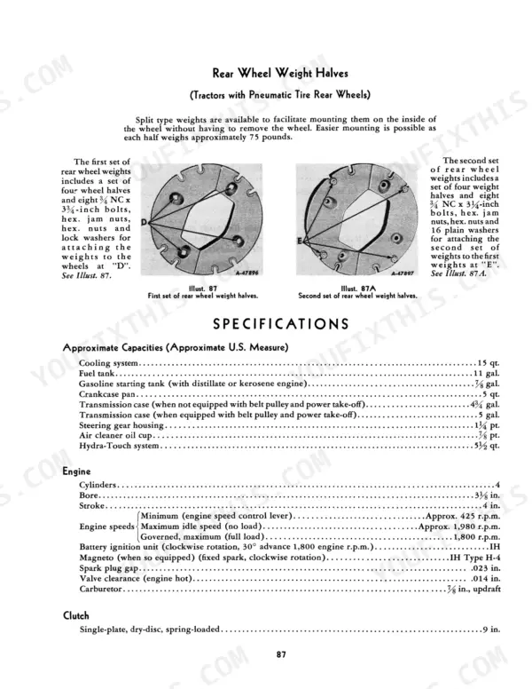 Mccormick Farmall 230, McCormick Farmall 230 Tractor rear wheel weight diagrams and engine capacity specifications table.