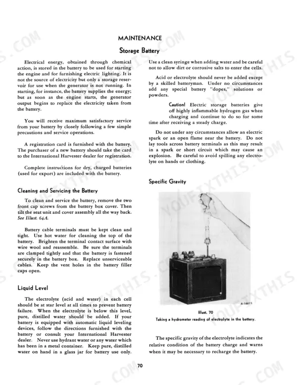 McCormick Farmall 400/450 Tractor maintenance manual page showing battery care and hydrometer reading instructions.