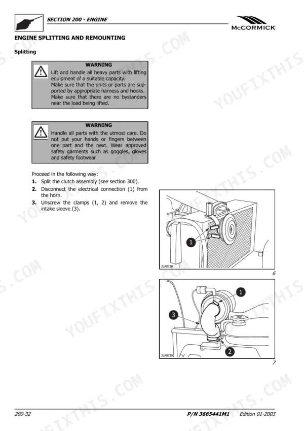 McCormick GX 40, GX 45, GX 50 engine splitting procedure, showing horn electrical connection and intake sleeve removal.