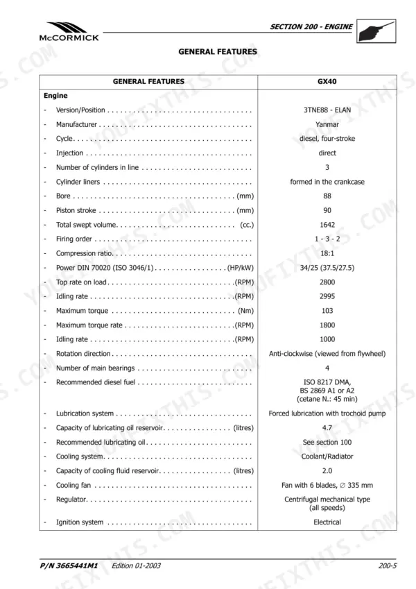 McCormick GX 40, GX 45, GX 50 engine general features specification table for Yanmar 3TNE88 engine.