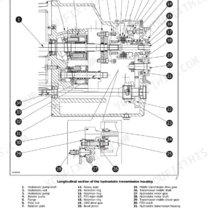 McCormick GX 40H, GX 45H, GX 50H hydrostatic transmission housing longitudinal section diagram with numbered parts list.