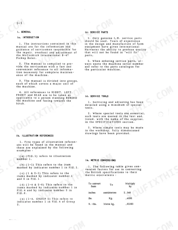 Mccormick International B-47 service manual introduction, illustration references, service parts, and metric conversion table.