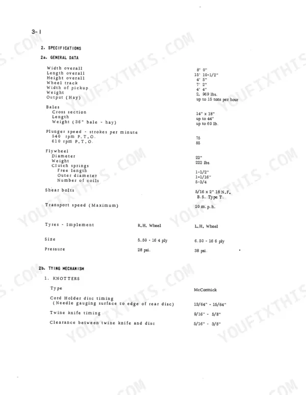 Mccormick International B-47 general data specifications table including bale, flywheel, tire, and knotter timing settings.