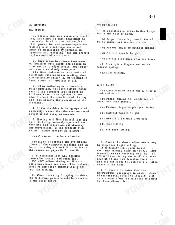 Mccormick International B-47 service manual page 6-1 detailing general maintenance and knotter timing for twine and wire balers.
