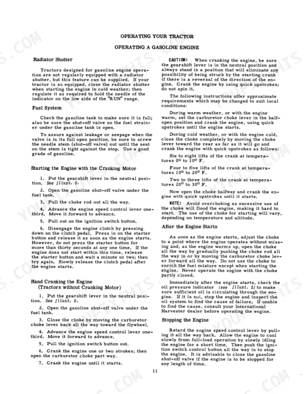 Mccormick W4 Tractor, McCormick W4 Tractor operating instructions for gasoline engine starting, cranking, and stopping.