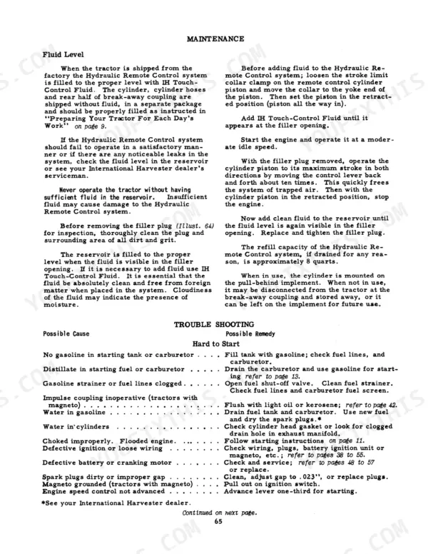 Mccormick W4 Tractor, McCormick W4 Tractor hydraulic fluid maintenance procedures and hard to start troubleshooting table.