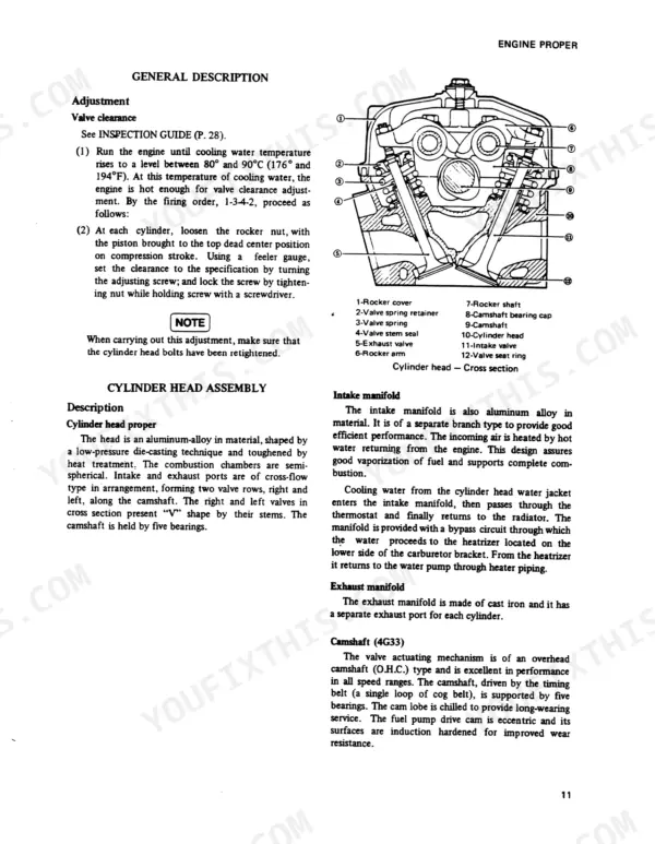 Mitsubishi 4G33, 4G52, 4G54 engine cylinder head cross-section diagram and valve clearance adjustment procedure.