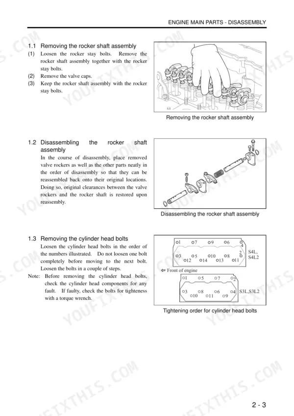 Mitsubishi S3L, S3L2, S4L, S4L2 rocker shaft disassembly and cylinder head bolt tightening order diagrams.