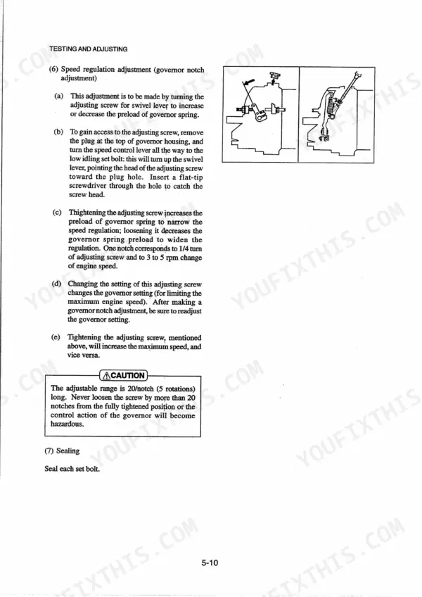 Mitsubishi S4K, S6K governor speed regulation adjustment procedure and housing diagram showing swivel lever and adjusting screw.