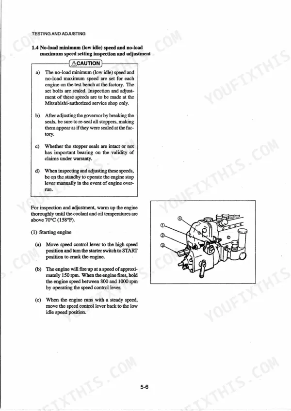 Mitsubishi S4K, S6K engine no-load idle speed adjustment procedure and fuel injection pump diagram.