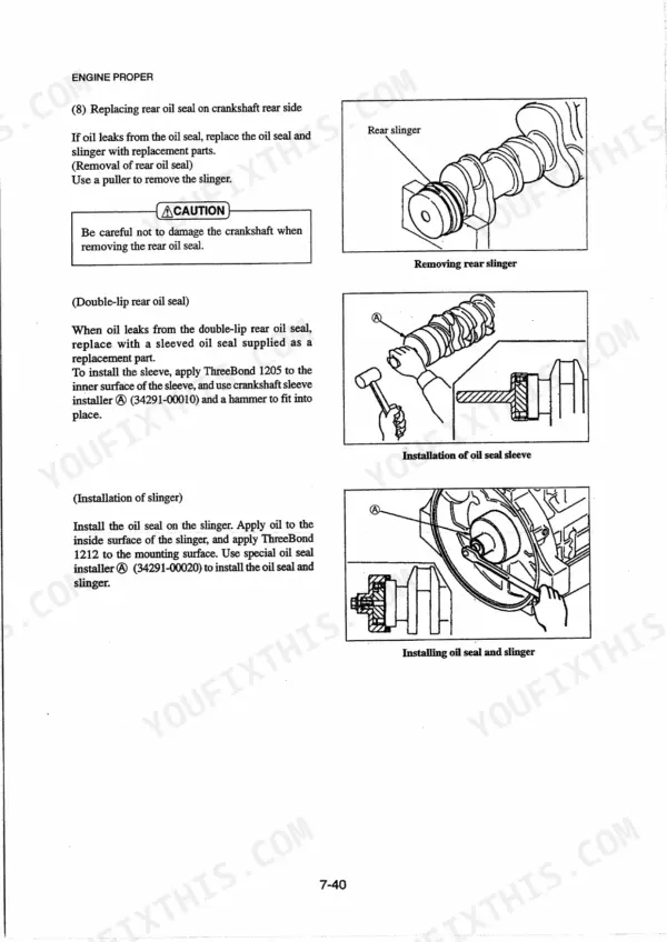 Mitsubishi S4K, S6K service manual: procedures for removing and installing the crankshaft rear oil seal and slinger.