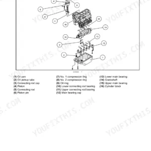 Mitsubishi S4L2, S4L, Y361GT, Y362GT, Y363GT, Y364GT engine crankcase exploded view showing piston, crankshaft, and oil pan.