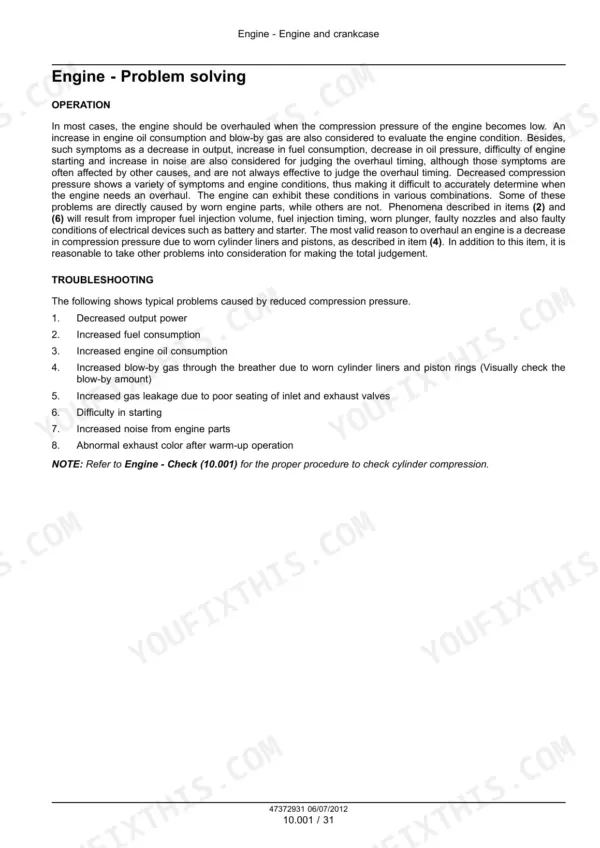 Mitsubishi S4L2, S4L, Y361GT, Y362GT, Y363GT, Y364GT engine troubleshooting guide for reduced compression pressure.