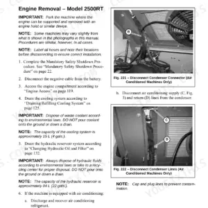 Mustang 1750RT, 1750RT NXT2/3, 2100RT, 2100RT NXT2/3, 2500RT, 2500RT NXT3 engine removal and AC condenser line disconnection steps.