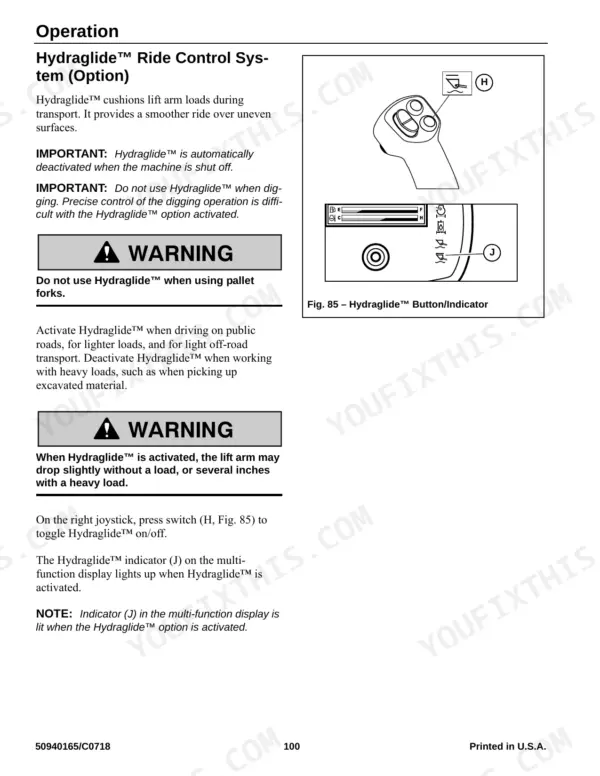 Mustang 1750RT, 1750RT NXT2/3, 2100RT, 2100RT NXT2/3, 2500RT, 2500RT NXT3 Hydraglide ride control operation and button diagram.