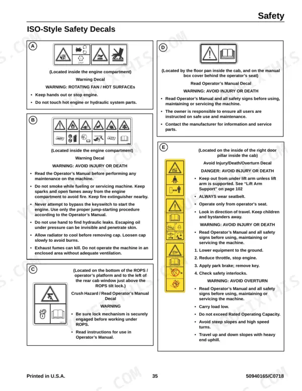 Mustang 1750RT, 1750RT NXT2/3, 2100RT, 2100RT NXT2/3, 2500RT, 2500RT NXT3 ISO-style safety decal locations and warnings.