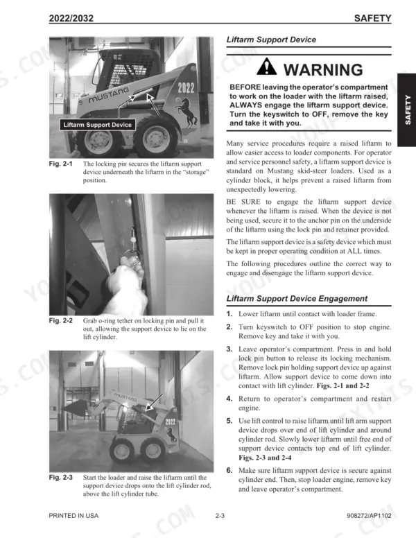 Mustang 2022, 2032 service manual safety procedures for engaging the liftarm support device with illustrated steps.