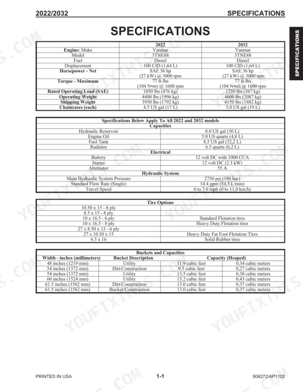 Mustang 2022, 2032 technical specifications table including engine, capacities, electrical, hydraulic, tires, and bucket data.