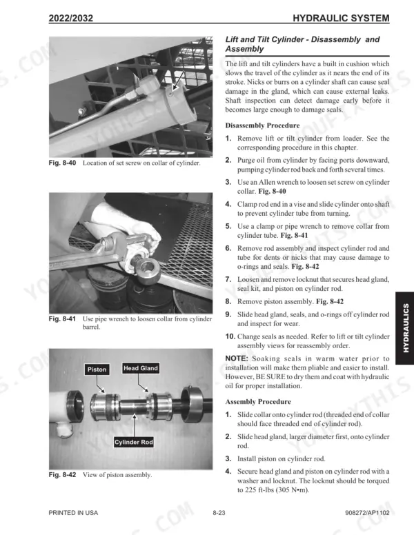 Mustang 2022, 2032 hydraulic lift and tilt cylinder disassembly and assembly procedure with component diagrams.