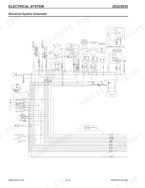 Mustang 2022, 2032 electrical system schematic showing wiring harness, gauges, switches, and seat belt warning timer.